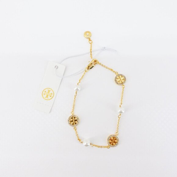 Tory Burch Crystal Logo & Imitation Pearl Station Bracelet Ivory/Tory Gold OS - Picture 6 of 16